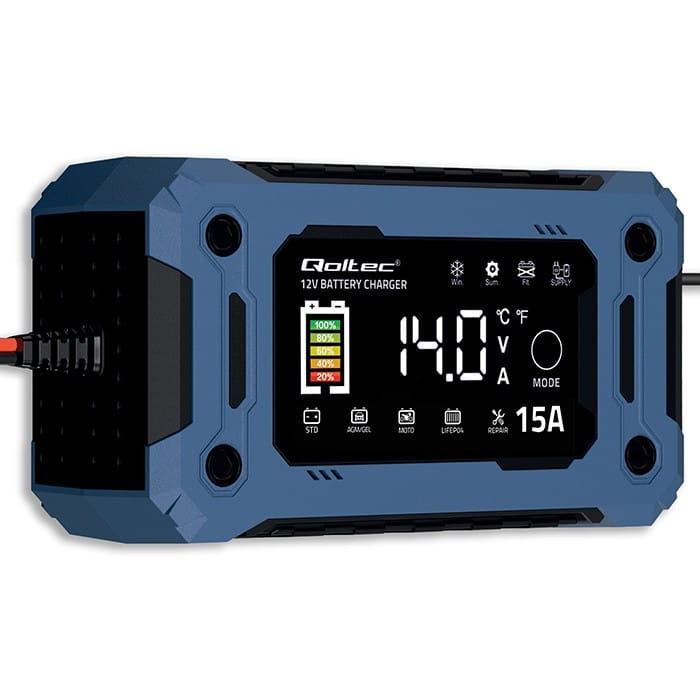 Qoltec Mikroprocesorowa ładowarka 12V 15A | Prostownik z funkcją naprawy i podtrzymania zasilania podczas wymiany akumulatora | do AGM GEL LiFePO4 |