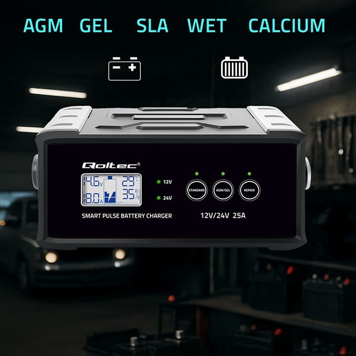 Qoltec Mikroprocesorowa ładowarka 12V 24V 25A | Prostownik z funkcją naprawy do akumulatora AGM GEL SLA | LCD