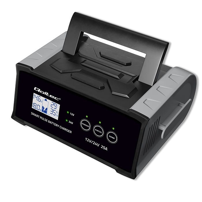 Qoltec Mikroprocesorowa ładowarka 12V 24V 25A | Prostownik z funkcją naprawy do akumulatora AGM GEL SLA | LCD