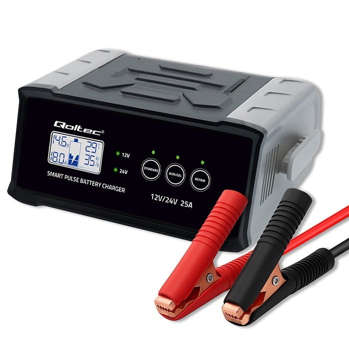 Qoltec Mikroprocesorowa ładowarka 12V 24V 25A | Prostownik z funkcją naprawy do akumulatora AGM GEL SLA | LCD