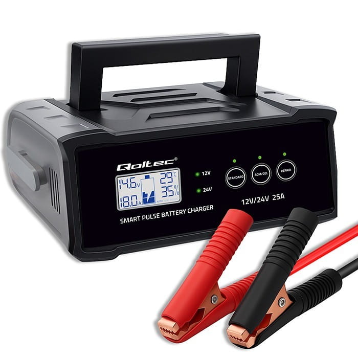 Qoltec Mikroprocesorowa ładowarka 12V 24V 25A | Prostownik z funkcją naprawy do akumulatora AGM GEL SLA | LCD