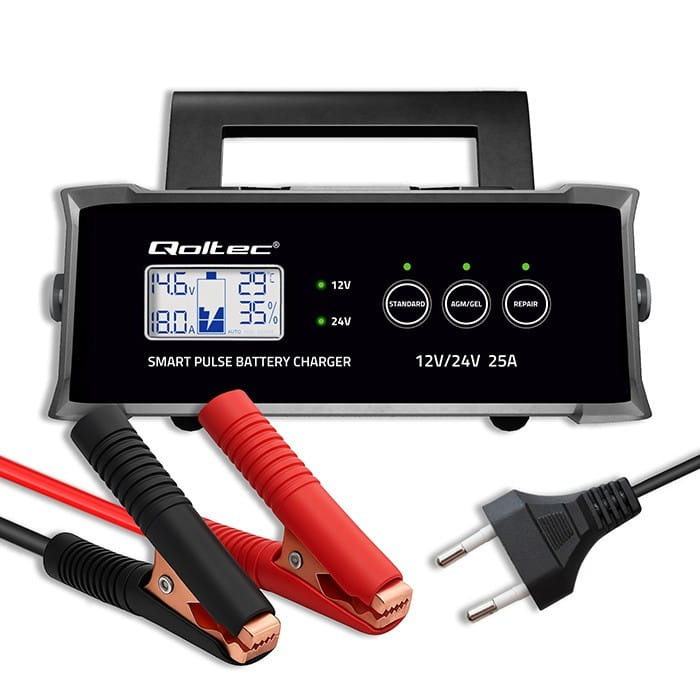 Qoltec Mikroprocesorowa ładowarka 12V 24V 25A | Prostownik z funkcją naprawy do akumulatora AGM GEL SLA | LCD