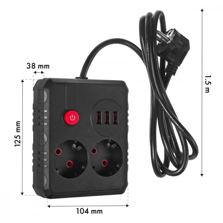 Maclean Listwa zasilająca MCE387 B 2 gniazda 3xUSB, 110-240V AC 50/60Hz 2,1A max 2500W, 1,5m czarna