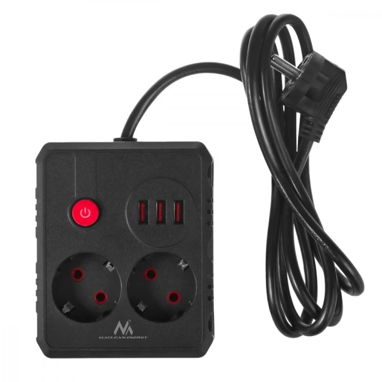 Maclean Listwa zasilająca MCE387 B 2 gniazda 3xUSB, 110-240V AC 50/60Hz 2,1A max 2500W, 1,5m czarna