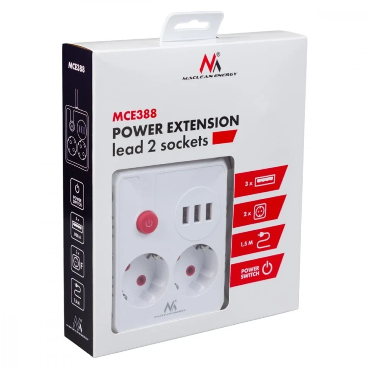 Maclean Listwa zasilająca 2 gniazda MCE387 W 3xUSB, 110-240V AC 50/60Hz, 2.1A max 2500W, 1.5m, biała