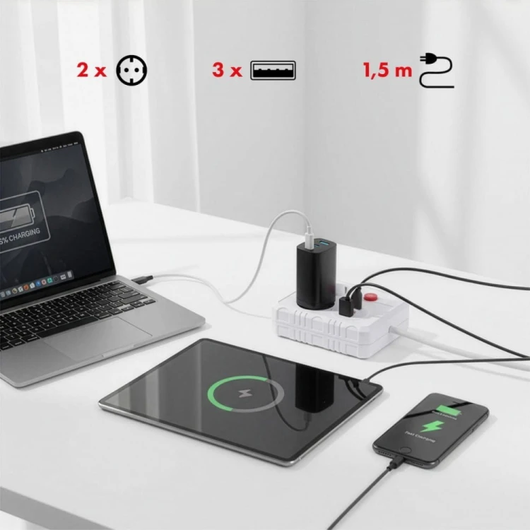 Maclean Listwa zasilająca 2 gniazda MCE387 W 3xUSB, 110-240V AC 50/60Hz, 2.1A max 2500W, 1.5m, biała