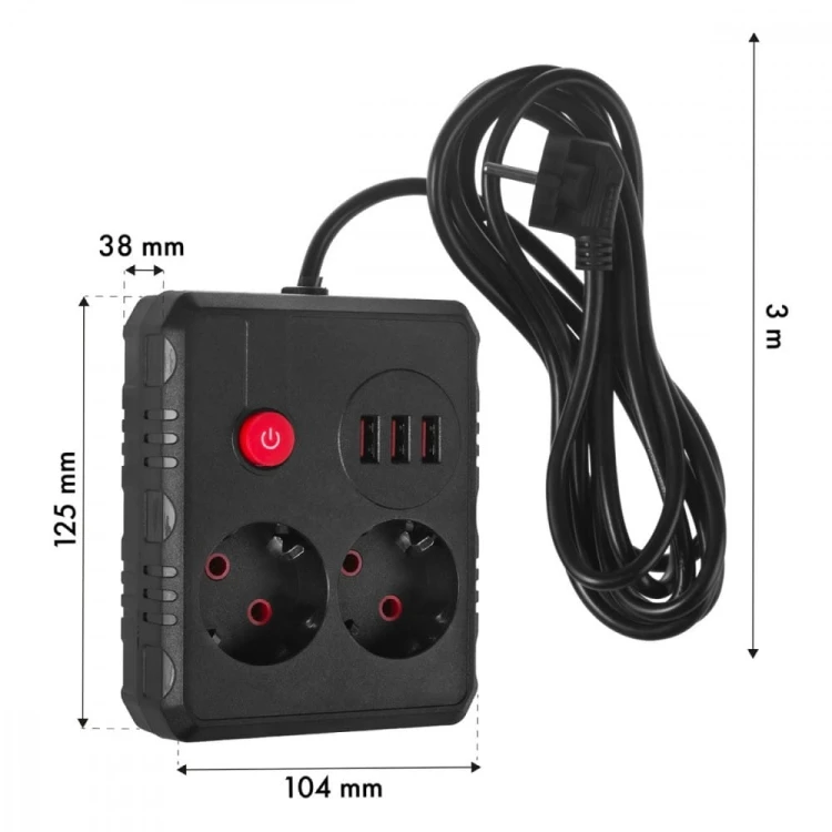Maclean Listwa zasilająca MCE388 B 2 gniazda, 3xUSB, 110-240V AC 50/60Hz, 2.1A max 2500W, 3m czarna
