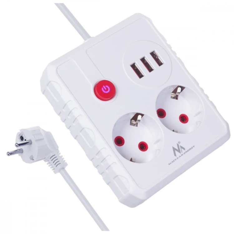 Maclean Listwa zasilająca, MCE388 W 2 gniazda, 3xUSB, 110-240V AC 50/60Hz, 2.1A max 2500W, 3m biała