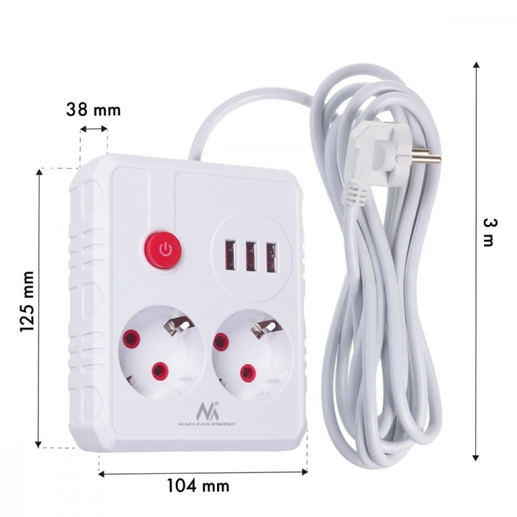 Maclean Listwa zasilająca, MCE388 W 2 gniazda, 3xUSB, 110-240V AC 50/60Hz, 2.1A max 2500W, 3m biała