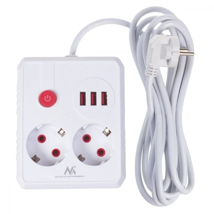 Maclean Listwa zasilająca, MCE388 W 2 gniazda, 3xUSB, 110-240V AC 50/60Hz, 2.1A max 2500W, 3m biała