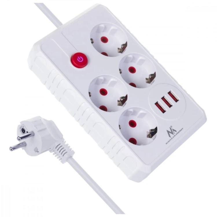 Maclean Listwa zasilająca MCE392 W 4 gniazda 3xUSB, 110-240V AC 50/60Hz, 2.1A max 2500W 1,5m biała