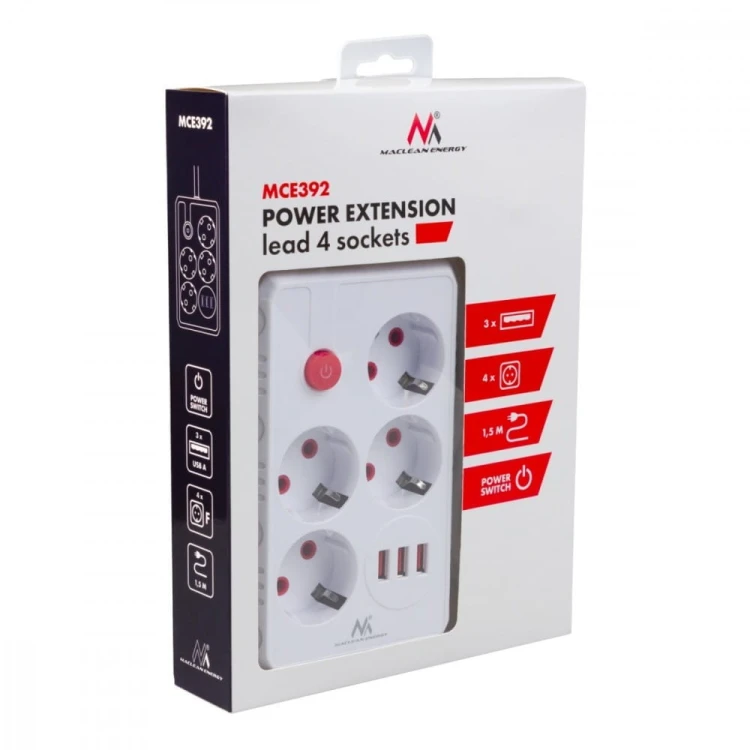 Maclean Listwa zasilająca MCE392 W 4 gniazda 3xUSB, 110-240V AC 50/60Hz, 2.1A max 2500W 1,5m biała