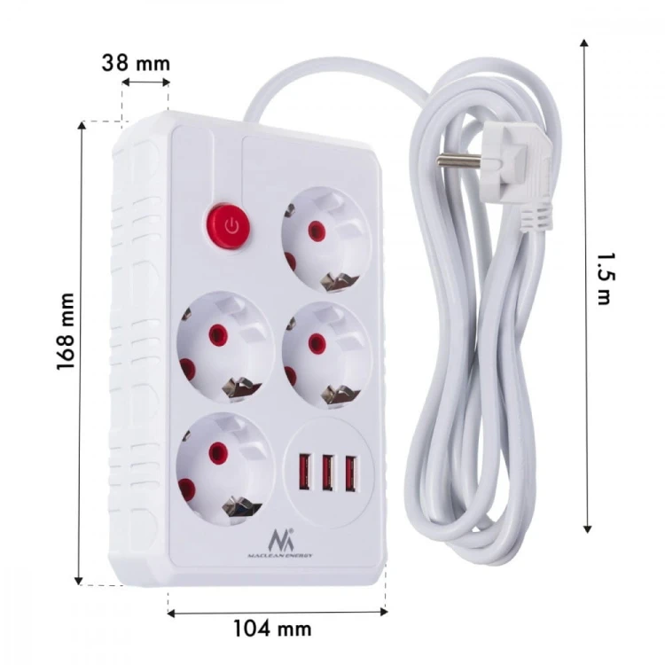 Maclean Listwa zasilająca MCE392 W 4 gniazda 3xUSB, 110-240V AC 50/60Hz, 2.1A max 2500W 1,5m biała