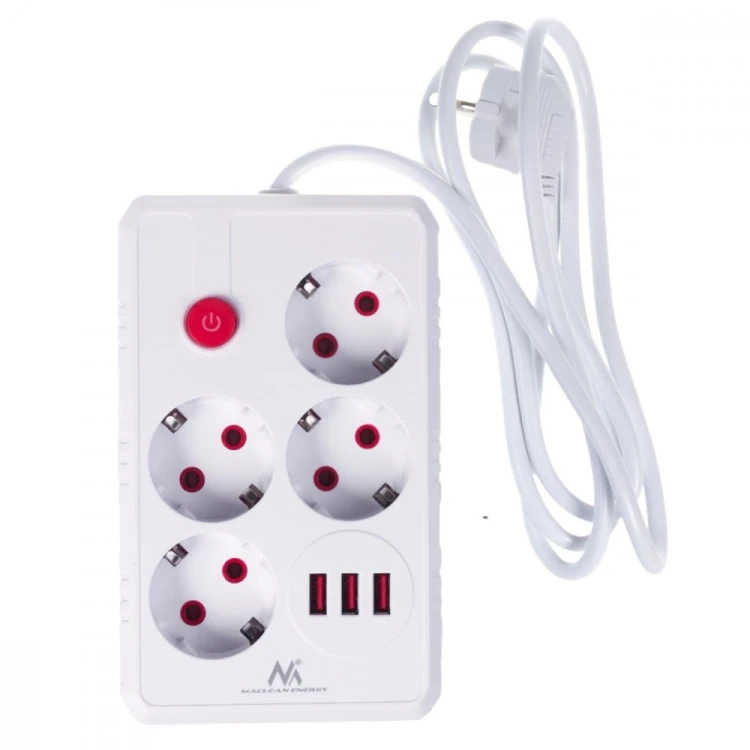 Maclean Listwa zasilająca MCE392 W 4 gniazda 3xUSB, 110-240V AC 50/60Hz, 2.1A max 2500W 1,5m biała