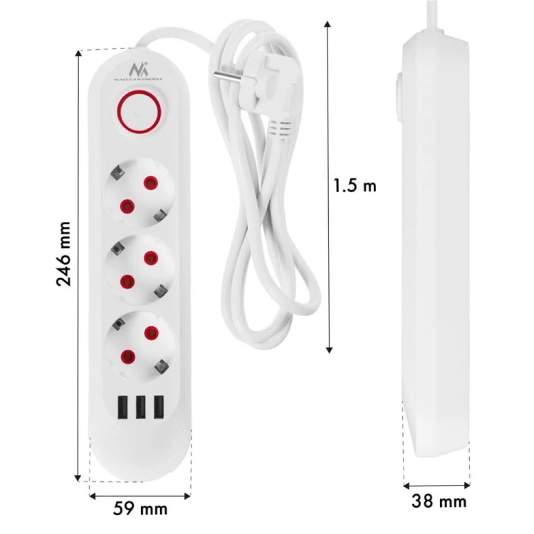 Maclean Listwa zasilająca MCE394 W 3 gniazda 3xUSB, 110-240V AC 50/60, 2.1A max 2500W, biała