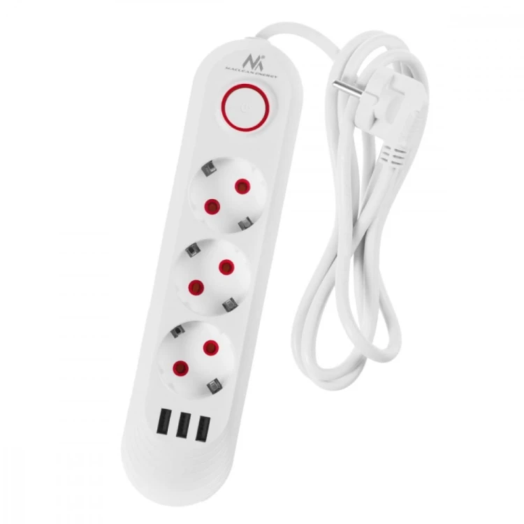 Maclean Listwa zasilająca MCE394 W 3 gniazda 3xUSB, 110-240V AC 50/60, 2.1A max 2500W, biała