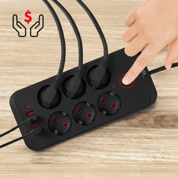 Maclean Listwa zasilająca MCE389 B 6 gniazd 4xUSB-A, 1xUSB-C 110-240V AC 50/60Hz, 2.1A max 2500W, czarna