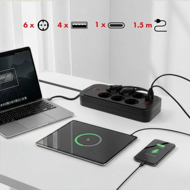 Maclean Listwa zasilająca MCE389 B 6 gniazd 4xUSB-A, 1xUSB-C 110-240V AC 50/60Hz, 2.1A max 2500W, czarna