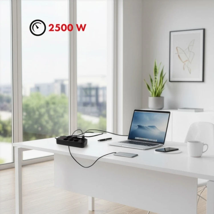 Maclean Listwa zasilająca MCE389 B 6 gniazd 4xUSB-A, 1xUSB-C 110-240V AC 50/60Hz, 2.1A max 2500W, czarna