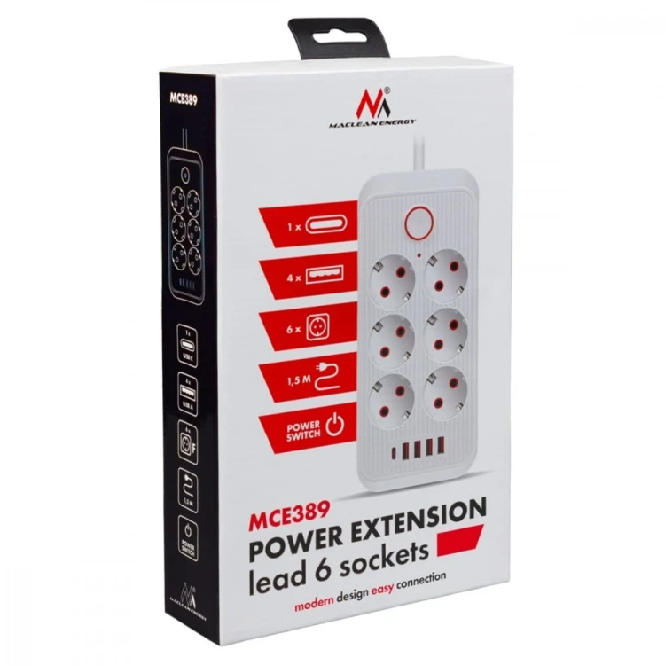 Maclean Listwa zasilająca MCE389 W 6 gniazd 4xUSB-A 1xUSB-C 110-240V, AC 50/60Hz, 2.1A max 2500W biała