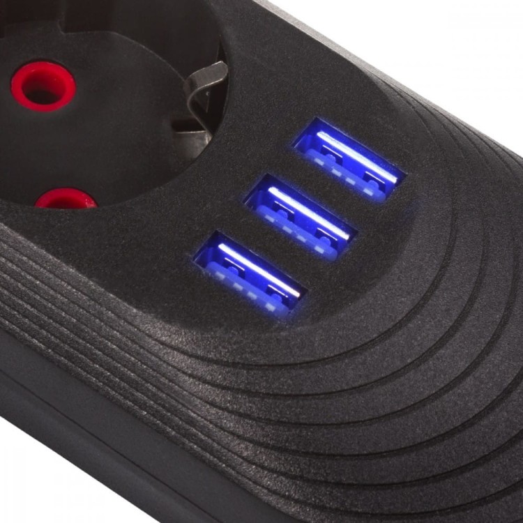 Maclean Listwa zasilająca MCE395 B 5 gniazd 3xUSB, 110-240V AC 50/60Hz, 2.1A max 2500W, czarna