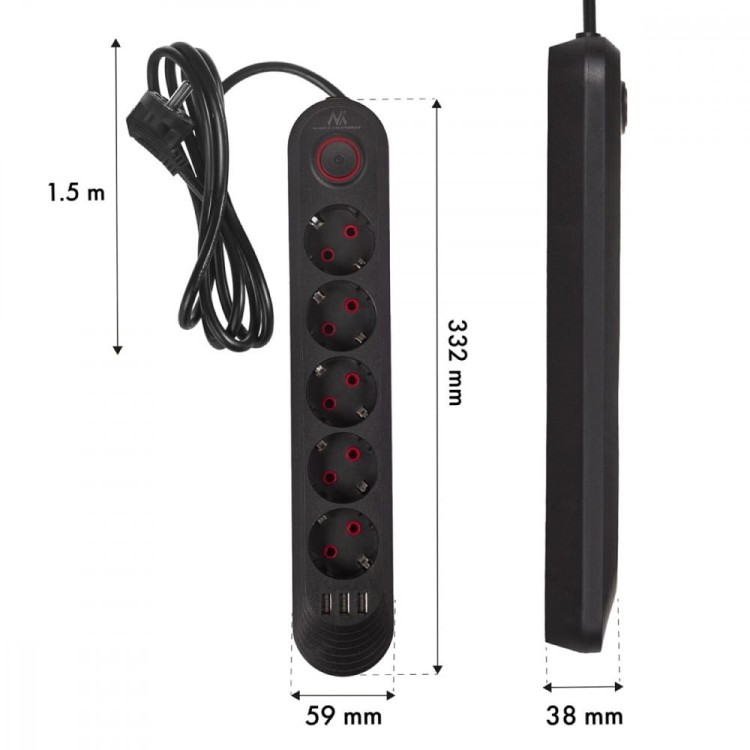 Maclean Listwa zasilająca MCE395 B 5 gniazd 3xUSB, 110-240V AC 50/60Hz, 2.1A max 2500W, czarna