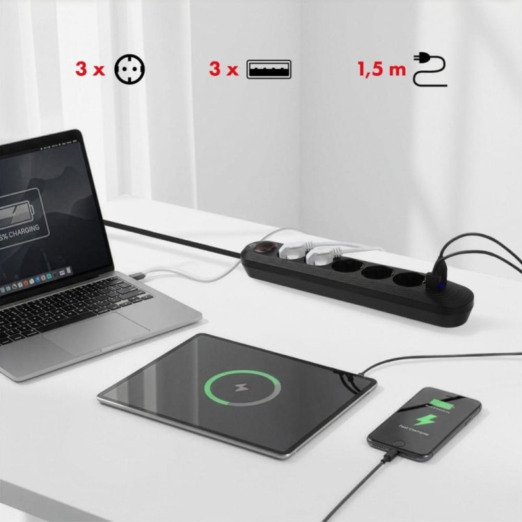 Maclean Listwa zasilająca MCE395 B 5 gniazd 3xUSB, 110-240V AC 50/60Hz, 2.1A max 2500W, czarna