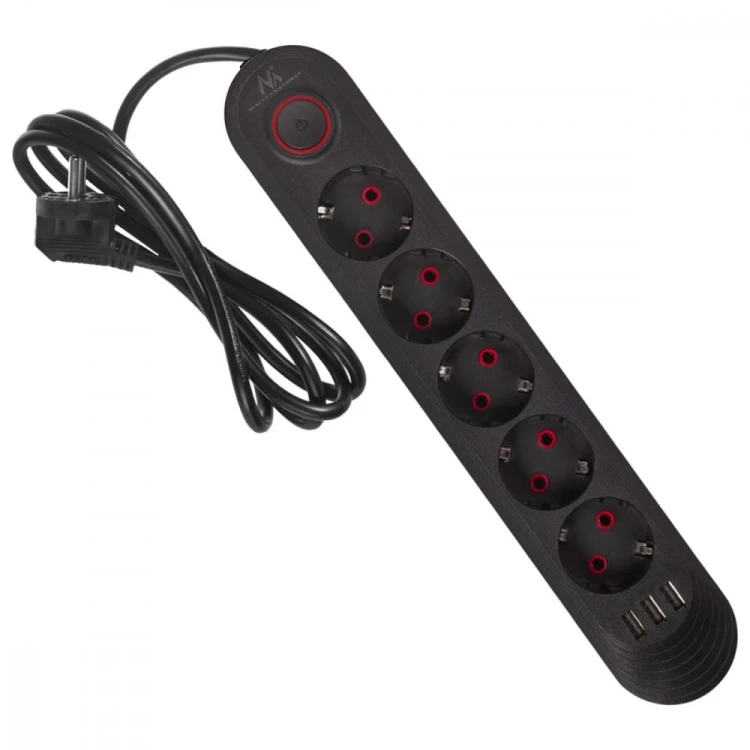 Maclean Listwa zasilająca MCE395 B 5 gniazd 3xUSB, 110-240V AC 50/60Hz, 2.1A max 2500W, czarna