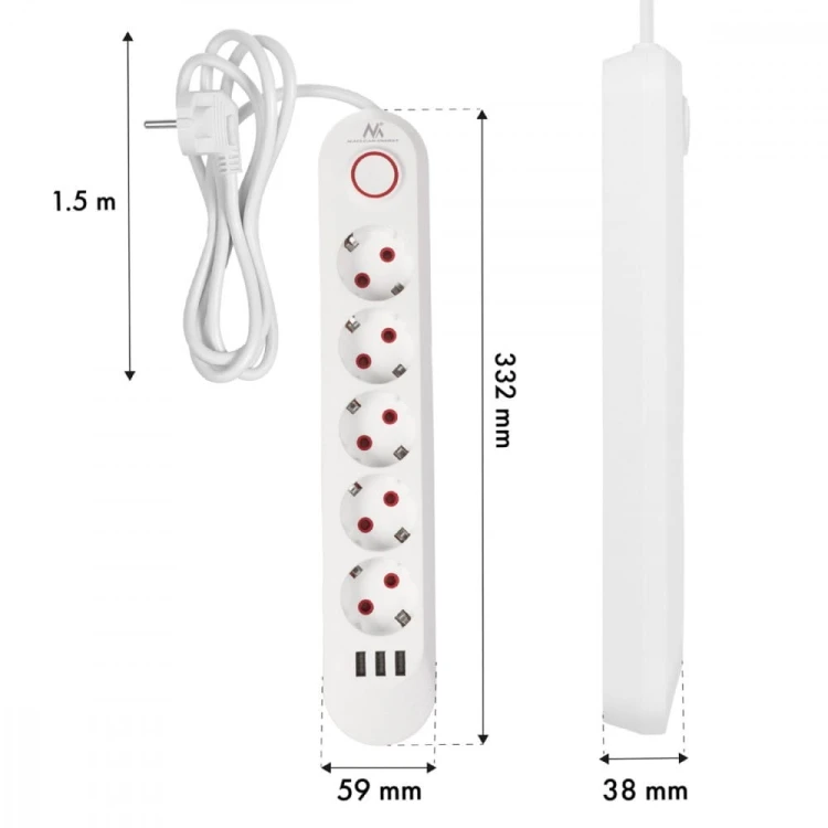 Maclean Listwa zasilająca 5 gniazd MCE395 W 3xUSB, 110-240v AC 50/60Hz, 2,1A max 2500W, biała