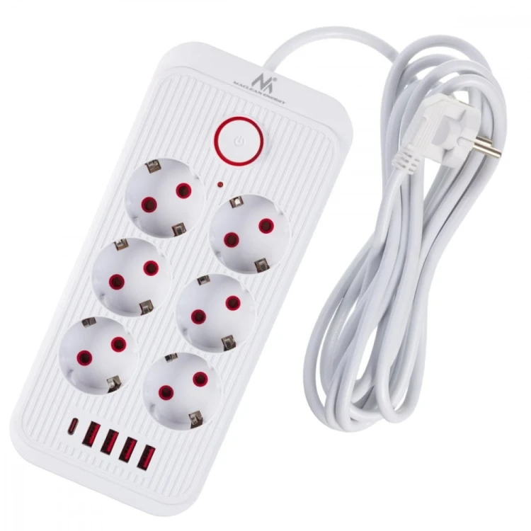 Maclean Listwa zasilająca MCE391 W 6 gniazd 4xUSB-A 1xUSB-C 110-240V AC 50/60Hz, 2.1A max 2500W, biała
