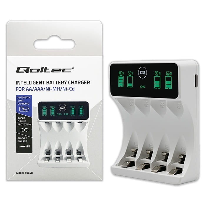 Qoltec Ładowarka do akumulatorków Ni-MH typu R03 AAA R6 AA | LCD | kabelUSB-C | Biała