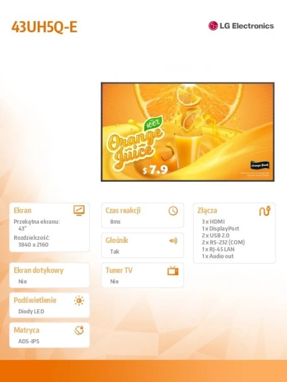 LG Electronics Monitor wielkoformatowy 43 cale 43UH5Q-E 500cd/m2 UHD 24/7