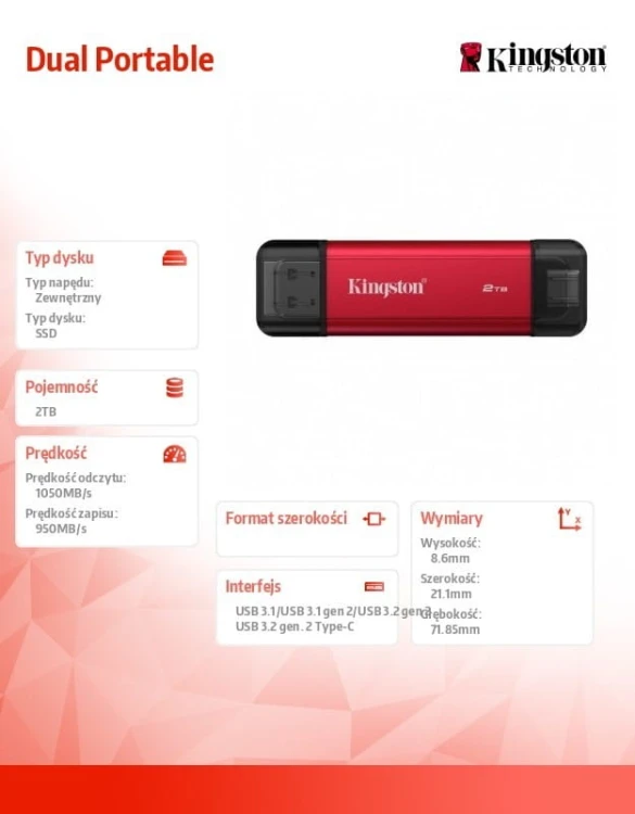 Kingston Dysk zewnętrzny SSD 2TB DualPortable USB-A/C 3.2 Gen2