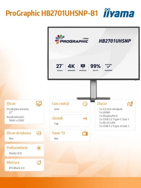 IIYAMA Monitor 27 cali ProGraphic HB2701UHSNP-B1 4K,IPS BLACK 2.0,450cd,VESA USB-c dock(PD:96W),HDMI,DP,DAISY/CHAIN,4xUSB,RJ45,3000:1,sRGB:100%,DCI-P3