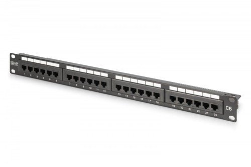 Digitus Panel krosowy (patch panel) 19'' 24x RJ45, LSA pion, kat.6, nieekranowany, 1U, prowadnica kabli, pola opisowe, Czarny