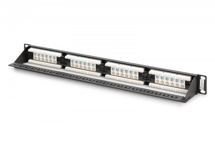 Digitus Panel krosowy (patch panel) 19'' 24x RJ45, LSA pion, kat.6, nieekranowany, 1U, prowadnica kabli, pola opisowe, Czarny