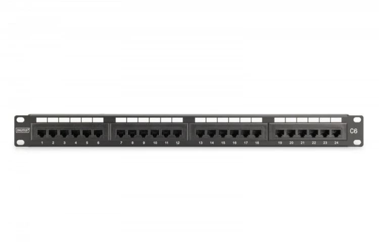 Digitus Panel krosowy (patch panel) 19'' 24x RJ45, LSA pion, kat.6, nieekranowany, 1U, prowadnica kabli, pola opisowe, Czarny