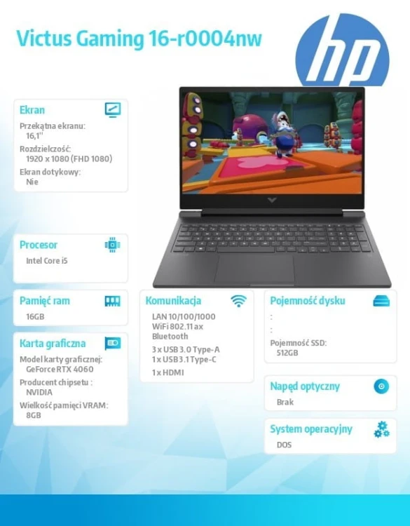 HP Inc. Notebook Victus 16-r0004nw  DOS  i5-13500H/512GB/16GB/RTX 4060 9R851EA