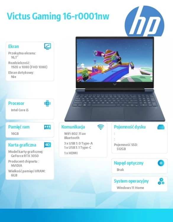 HP Inc. Notebook Victus 16-r0001nw   W11 i5- 13500H/512GB/16GB/RTX 3050    9Z0B5EA