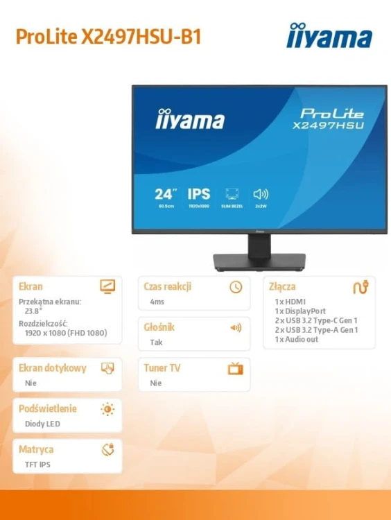 IIYAMA Monitor  ProLite 23.8 cala X2497HSU-B1 IPS,FHD,HDMI,DP,120Hz,350CD,2xUSBv3.2,   2xUSB-C, GW 5lat