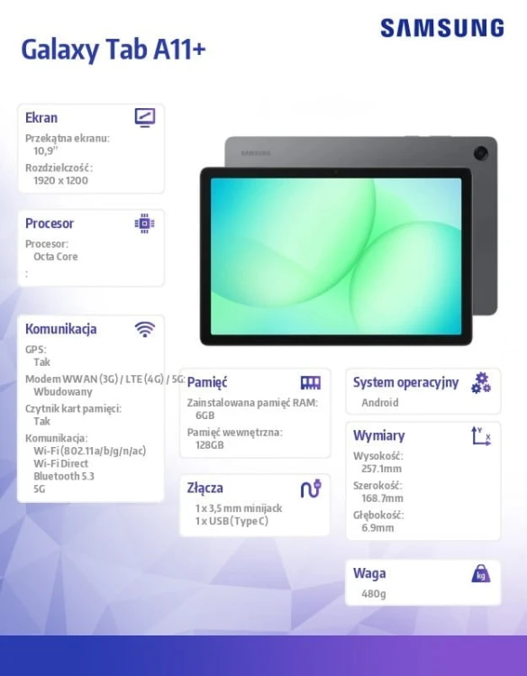 Samsung Tablet Galaxy Tab A11+ X236 10.9 cala  5G 6/128GB Szary Enterprise Edition