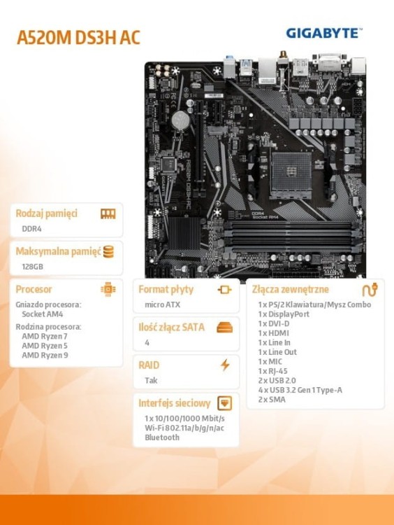 Gigabyte Płyta główna A520M DS3H AC AM4 4DDR4 /HDMI/DVI/DP M.2 mATX