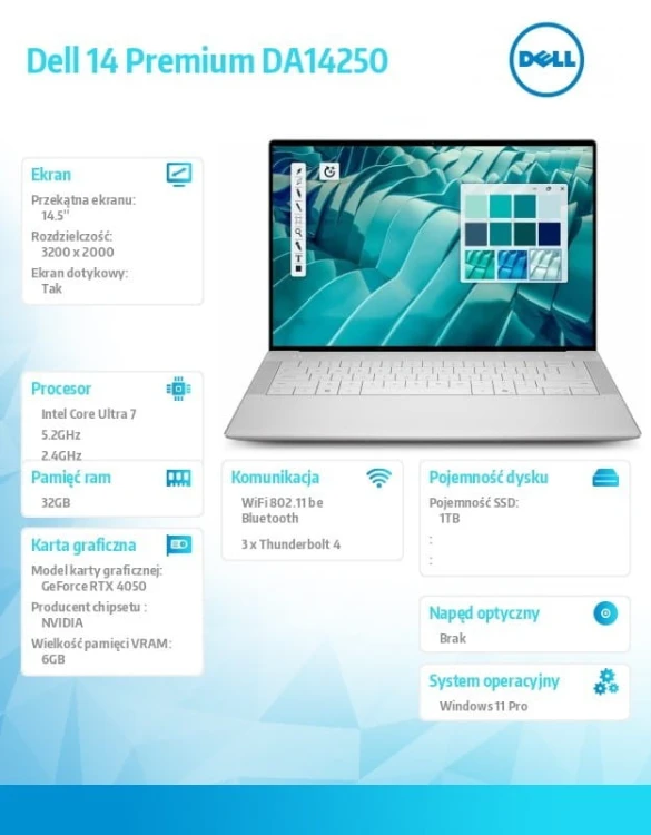 Dell Laptop Dell 14 Premium DA14250 Win11Pro U7-255HX|32GB|1TB SSD|Nvidia RTX 4050 |WLAN + BT|14.5 OLED Touch|Backlit Kb|6 Cell|100W
