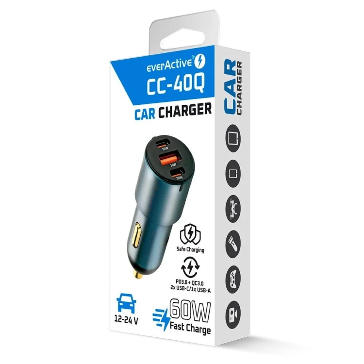 everActive Ładowarka samochodowa CC-40Q QC3.0 60W 1X USB 2X USB-C PD czarna
