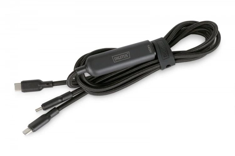 Digitus Kabel zasilający 2w1 USB-C - 2x USB-C, USB 2.0 140W PD 3.1, nylonowy, 1,8m czarny