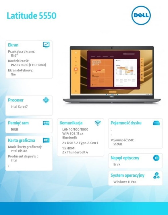 Dell Notebook Latitude 5550 Win11Pro i7-1365U/16GB/512GB SSD Gen4/15.6 FHD/Intel Iris Xe/FgrPr&amp;SmtCd/FHD/IR Cam/Mic/WLAN+BT/Backlit Kb/3C/vPro/3YPS