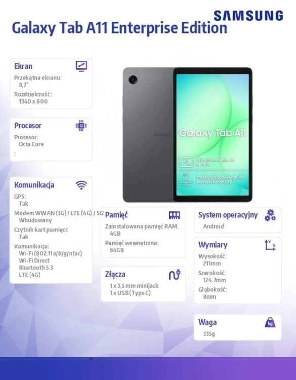 Samsung Tablet Galaxy Tab A11 X135 4G 8.7 cala 4/64 GB Szary Enterprise Edition