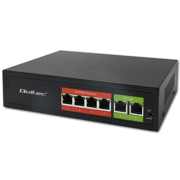 Qoltec Przełącznik sieciowy SWITCH FAST Ethernet PoE | 4x RJ45 |  2x    RJ45 Uplink | 65W | 10/100Mb/s