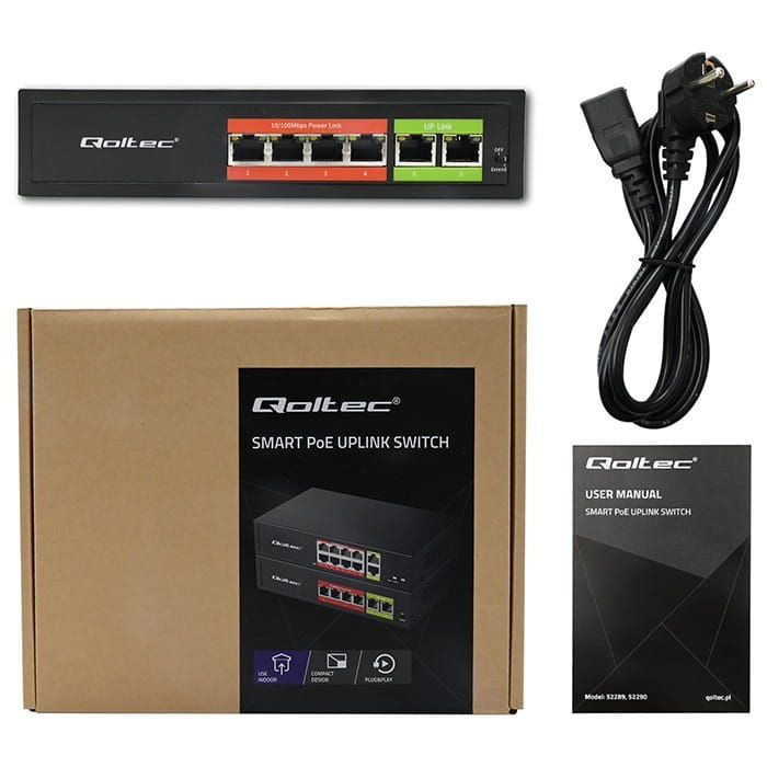Qoltec Przełącznik sieciowy SWITCH FAST Ethernet PoE | 4x RJ45 |  2x    RJ45 Uplink | 65W | 10/100Mb/s
