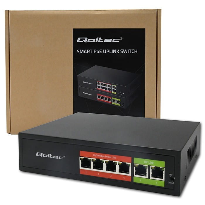 Qoltec Przełącznik sieciowy SWITCH FAST Ethernet PoE | 4x RJ45 |  2x    RJ45 Uplink | 65W | 10/100Mb/s